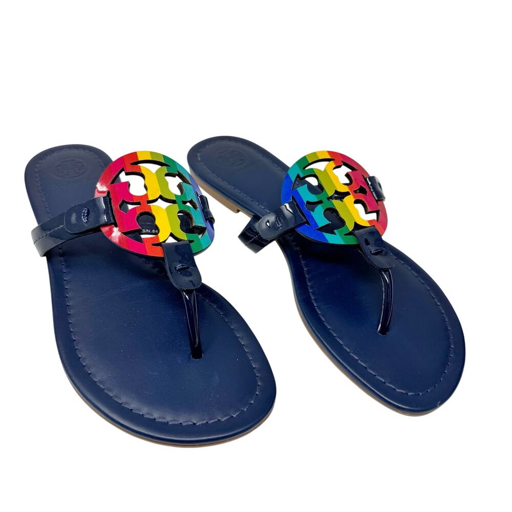 Tory Burch Rainbow Pride Miller Sandals Navy Blue Leather Thong Flat Slides 7M